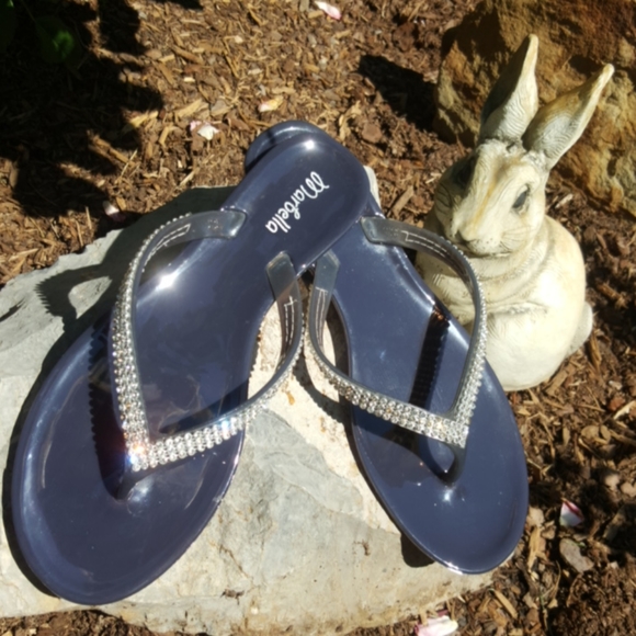 MARBELLA ♡ Gorgeous Navy Embellished Bling of Rhinestone Jelly Thong Sandals 6 - Picture 10 of 16